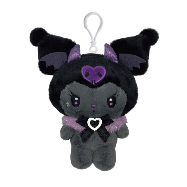 An officially licensed Kuromi plush keychain dressed in a black gothic outfit with purple bat wings and horns. She wears a fuzzy purple collar and a black lace bow, with a white plastic clip attached to her head.