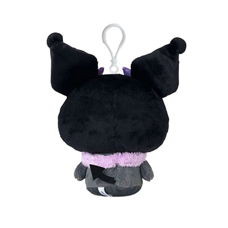 An officially licensed Kuromi plush keychain dressed in a black gothic outfit with purple bat wings and horns. She wears a fuzzy purple collar and a black lace bow, with a white plastic clip attached to her head.