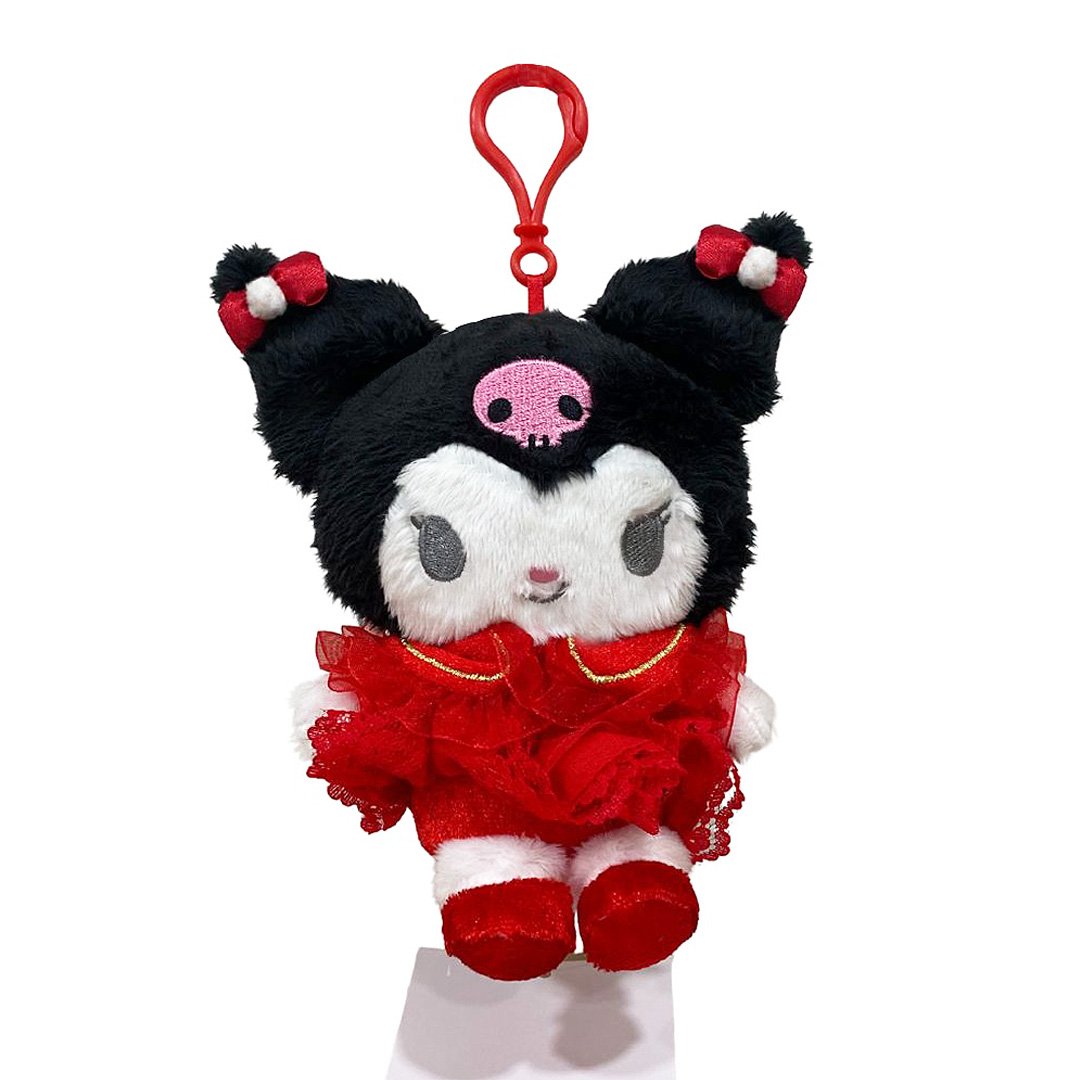 Officially licensed by Kuromi Plush keychain in a red dress with white accent pompom on a white background. she’s perfect for cuddling, displaying, or gifting Christmas to Sanrio fans of all ages.