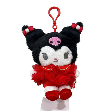 Officially licensed by Kuromi Plush keychain in a red dress with white accent pompom on a white background. she’s perfect for cuddling, displaying, or gifting Christmas to Sanrio fans of all ages.