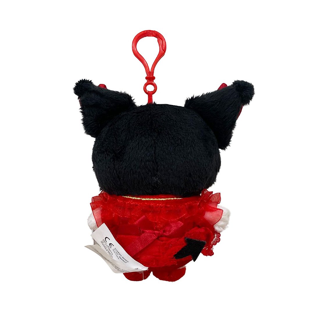 Officially licensed by Kuromi Plush keychain in a red dress with white accent pompom on a white background. she’s perfect for cuddling, displaying, or gifting Christmas to Sanrio fans of all ages.
