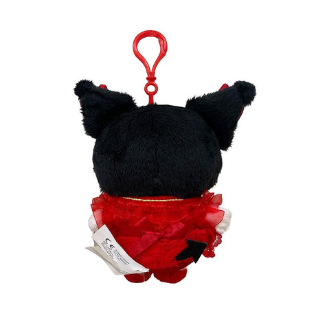 Officially licensed by Kuromi Plush keychain in a red dress with white accent pompom on a white background. she’s perfect for cuddling, displaying, or gifting Christmas to Sanrio fans of all ages.