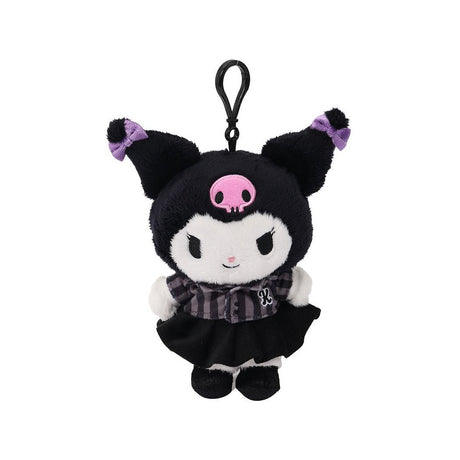 Officially licensed Kuromi bag clip  plush doll wearing a in a school uniform. She wears a black and white plaid school uniform dress with a black velvet pleated skirt.  Perfect size to attach to your backpack, bag, purse, car, or pants. Ideal collectible toy for fans and Sanrio enthusiasts.