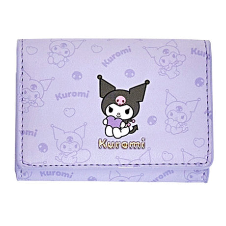 An officially licensed collection of Sanrio character mini wallet in purple featuring Kuromi with gold-lettered name