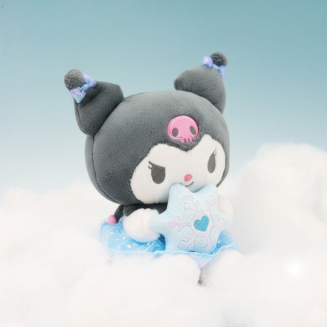 Magical Kuromi Snow Angel plush sitting on soft clouds against a light blue background, creating a serene winter scene
