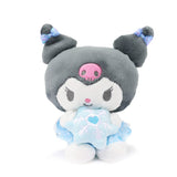 Sanrio Kuromi Snow Angel 7-inch plush with iridescent bow, holding a blue snowflake, perfect for kawaii winter decor.