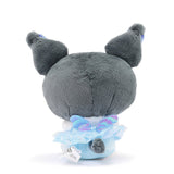 Sanrio Kuromi Snow Angel plush in a blue snowflake print dress with an iridescent bow, and wings
