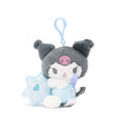 Sanrio Kuromi Snow Angel mascot backpack keychain plush with iridescent bow, holding a blue snow flake. makes a great gift for Sanrio fans, plush collectors, Thanksgiving, or Christmas!