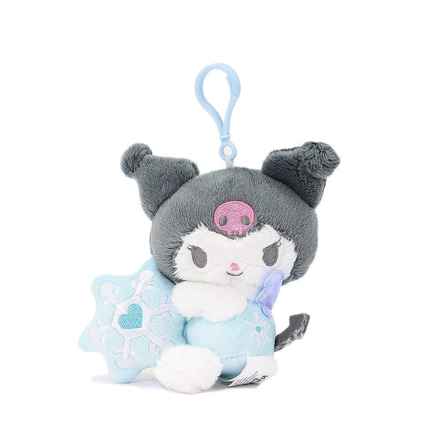 Sanrio Kuromi Snow Angel mascot backpack keychain plush with iridescent bow, holding a blue snow flake. makes a great gift for Sanrio fans, plush collectors, Thanksgiving, or Christmas!