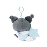 Sanrio Kuromi Snow Angel mascot backpack keychain plush with iridescent bow, holding a blue snow flake. makes a great gift for Sanrio fans, plush collectors, Thanksgiving, or Christmas!