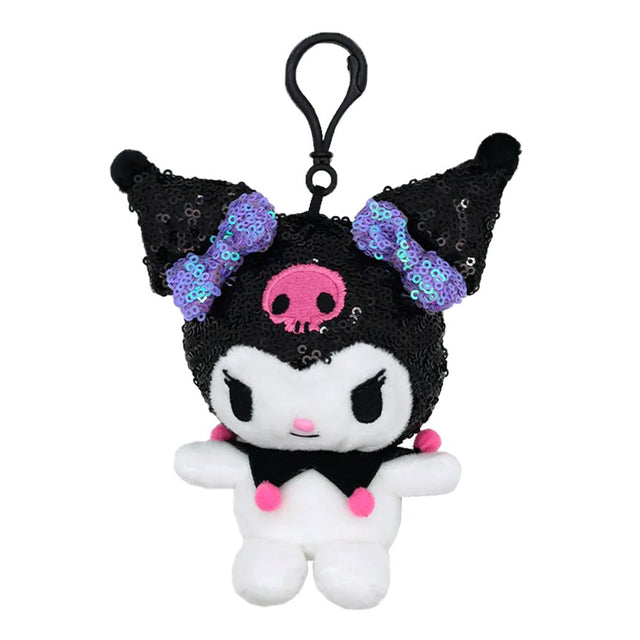 Officially licensed Kuromi Spangle Edition plush keychain featuring Kuromi plush with a black sequined hat, purple sequined bows, a pink skull, and a black clip
