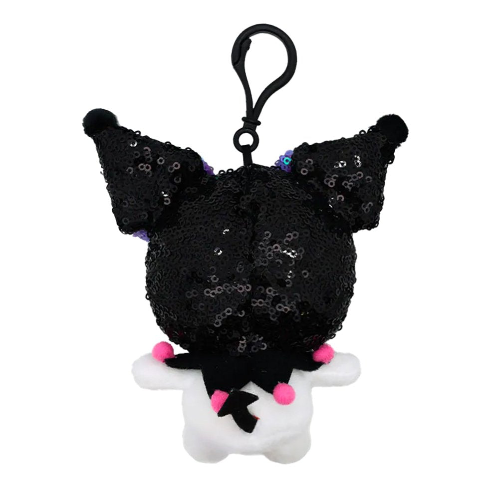 Officially licensed Kuromi Spangle Edition plush keychain featuring Kuromi plush with a black sequined hat, purple sequined bows, a pink skull, and a black clip