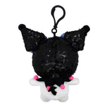 Officially licensed Kuromi Spangle Edition plush keychain featuring Kuromi plush with a black sequined hat, purple sequined bows, a pink skull, and a black clip