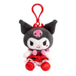 An officially licensed Sanrio Kuromi Sweet Strawberry Mascot Plush Clip-on Keychain featuring the character wearing a detailed red and black dress with lace trim and a red plastic hanging hook attached to her head
