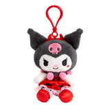 An officially licensed Sanrio Kuromi Sweet Strawberry Mascot Plush Clip-on Keychain featuring the character wearing a detailed red and black dress with lace trim and a red plastic hanging hook attached to her head