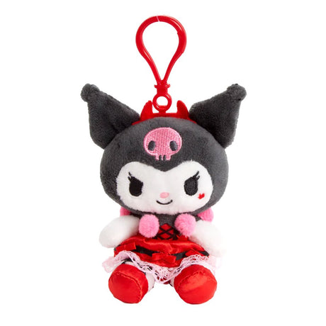 An officially licensed Sanrio Kuromi Sweet Strawberry Mascot Plush Clip-on Keychain featuring the character wearing a detailed red and black dress with lace trim and a red plastic hanging hook attached to her head