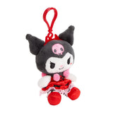 An officially licensed Sanrio Kuromi Sweet Strawberry Mascot Plush Clip-on Keychain featuring the character wearing a detailed red and black dress with lace trim and a red plastic hanging hook attached to her head