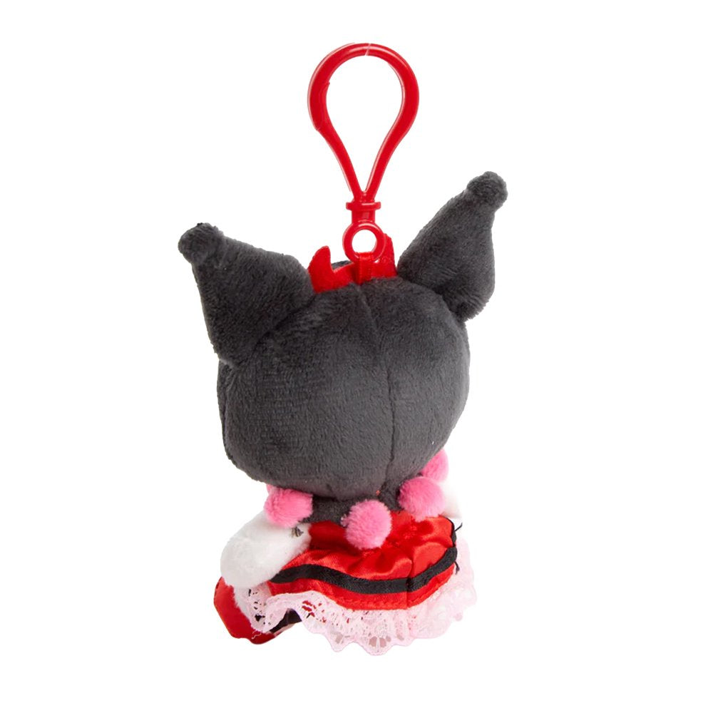 An officially licensed Sanrio Kuromi Sweet Strawberry Mascot Plush Clip-on Keychain featuring the character wearing a detailed red and black dress with lace trim and a red plastic hanging hook attached to her head