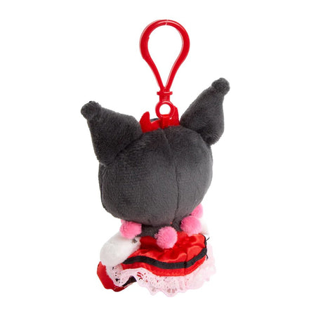 An officially licensed Sanrio Kuromi Sweet Strawberry Mascot Plush Clip-on Keychain featuring the character wearing a detailed red and black dress with lace trim and a red plastic hanging hook attached to her head