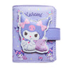An officially licensed Sanrio collection of tri-fold wallet in purple featuring large 3D padded appliqués of Kuromi
