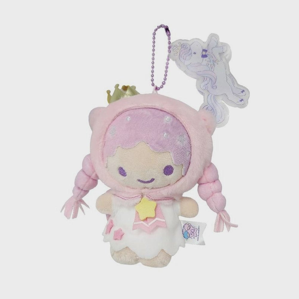 An officially licensed Sanrio Lala Little Twin Stars plush keychain wearing a pink unicorn hood with a gold crown and horn. The plush has long pink braids, a star-shaped bow, and is attached to a purple ball chain with a unicorn acrylic charm.