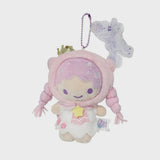 An officially licensed Sanrio Lala Little Twin Stars plush keychain wearing a pink unicorn hood with a gold crown and horn. The plush has long pink braids, a star-shaped bow, and is attached to a purple ball chain with a unicorn acrylic charm.