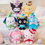 Officially licensed Sanrio plush collection of wizard plush toys each wearing a magician hat with lace trim and holding a star wand, featuring large star-eyed embroidered details