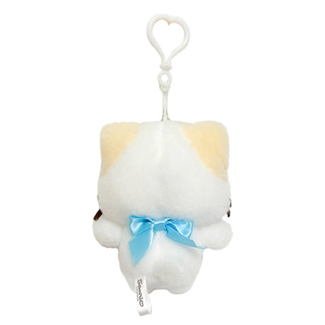 Officially licensed Sanrio character Mashumaro cat plush keychain with beige ears, pink blush, and a blue ribbon in the back, featuring a white heart-shaped plastic clip.