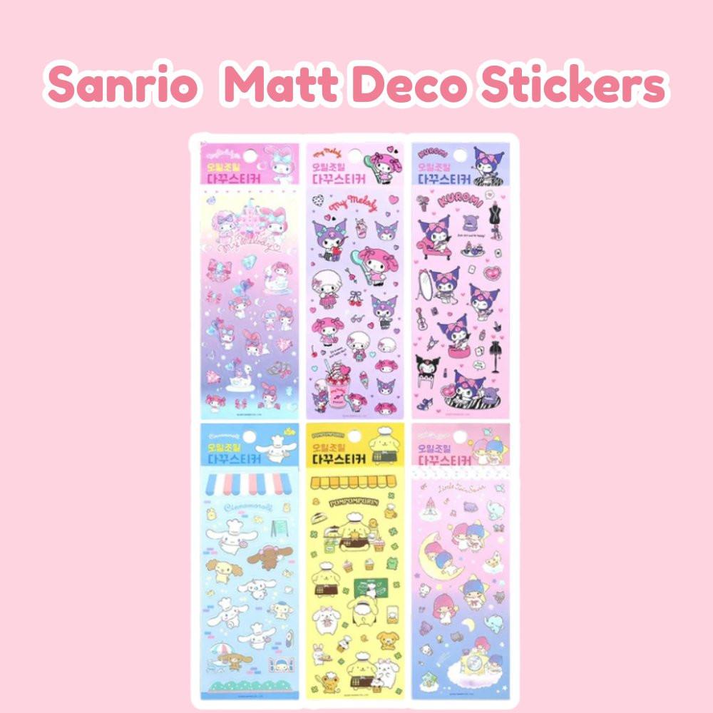 Official Sanrio Matt Deco Stickers set featuring My Melody, Kuromi, Cinnamoroll, Pompompurin, and Little Twin Stars. Aesthetic matte finish sticker sheets for scrapbooking, journaling, and DIY Valentine's cards.