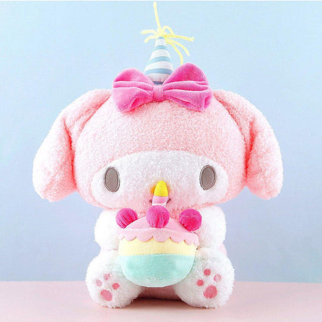 Officially licensed Sanrio My Melody plush, wearing a charming white party hat topped with a bright yellow tassel, and holding a cake for celebrating a special day.