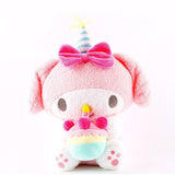 Officially licensed Sanrio My Melody plush, wearing a charming white party hat topped with a bright yellow tassel, and holding a cake for celebrating a special day.
