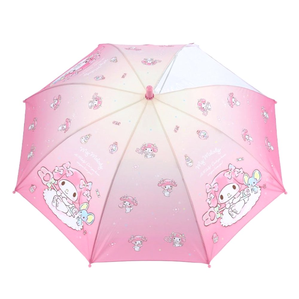 Pink Sanrio My Melody kids' umbrella featuring a pink gradient canopy with one clear see-through safety panel, finished with a 3D My Melody J-handle.
