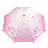 Pink Sanrio My Melody kids' umbrella featuring a pink gradient canopy with one clear see-through safety panel, finished with a 3D My Melody J-handle.