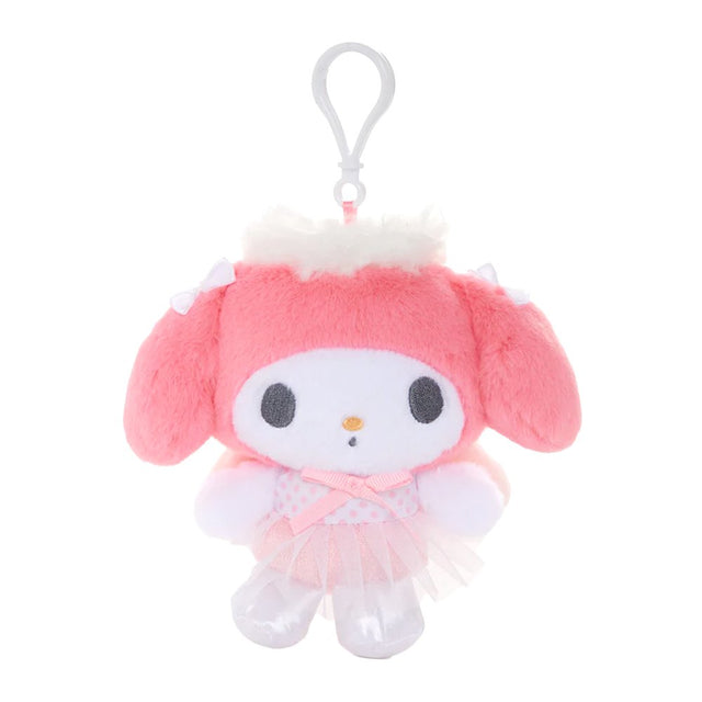 An officially licensed Sanrio My Melody plush keychain featuring My Melody in a pink ballerina tutu and polka-dot bodice. The plush includes white angel wings, tiny white bows on her ears, and a white plastic clip for easy attachment to bags or accessories.
