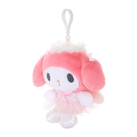 An officially licensed Sanrio My Melody plush keychain featuring My Melody in a pink ballerina tutu and polka-dot bodice. The plush includes white angel wings, tiny white bows on her ears, and a white plastic clip for easy attachment to bags or accessories.
