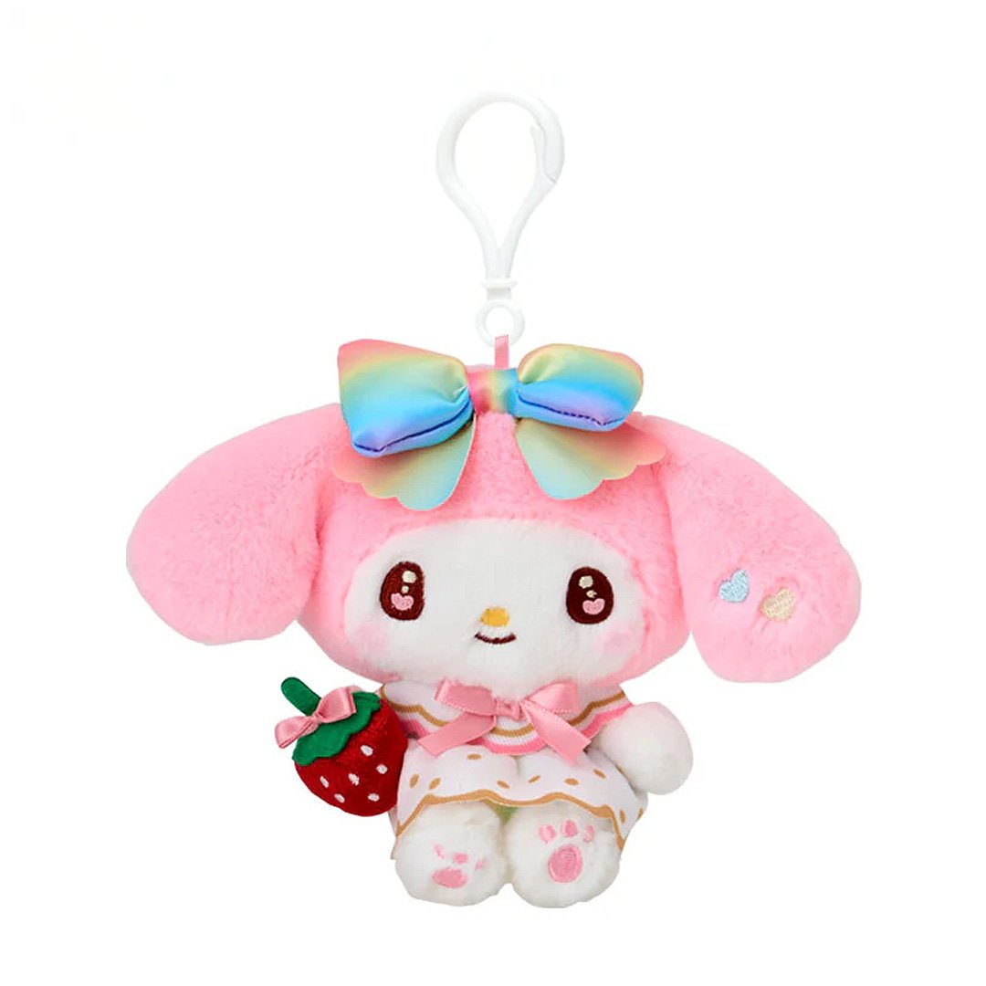 Officially licensed by Sanrio My Melody dressed in elegant white outfits with gold polka dots and vibrant rainbow bows, this large cast of beloved she is holding a velvet strawberry and features detailed embroidered heart accents in eyes their eyes. Perfect for adding a nautical touch of kawaii style to your bag, keys, or backpack.