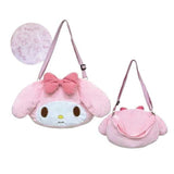 An officially licensed Sanrio My Melody pink plush shoulder bag with floppy ears and a pink bow, displayed from the front and back views with a circular close-up of its patterned inner lining