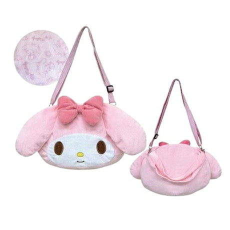 An officially licensed Sanrio My Melody pink plush shoulder bag with floppy ears and a pink bow, displayed from the front and back views with a circular close-up of its patterned inner lining