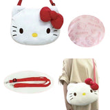 An officially licensed Sanrio My Melody pink plush shoulder bag with floppy ears and a pink bow, displayed from the front and back views with a circular close-up of its patterned inner lining
