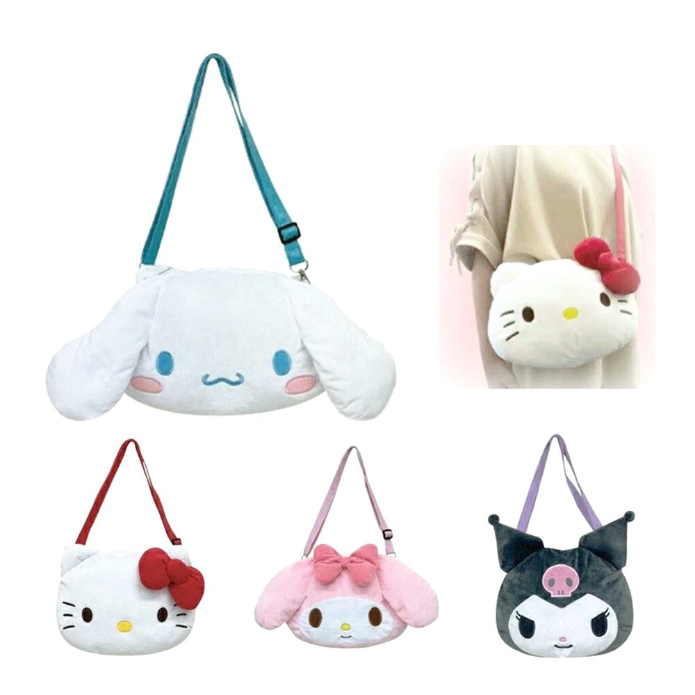 An officially licensed Sanrio My Melody pink plush shoulder bag with floppy ears and a pink bow, displayed from the front and back views with a circular close-up of its patterned inner lining