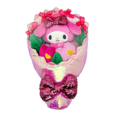 An officially licensed Sanrio My Melody plush bouquet featuring a pink plush character head and flower pillows wrapped in shimmering iridescent pink fabric. The bouquet is accented with several pink satin bows and a large, sparkling pink sequined bow at the base.