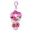 An officially licensed Sanrio My Melody plush bouquet keychain featuring a pink plush character head and flower pillows wrapped in shimmering iridescent pink fabric. The bouquet is accented with several pink satin bows and a large, sparkling pink sequined bow at the base.