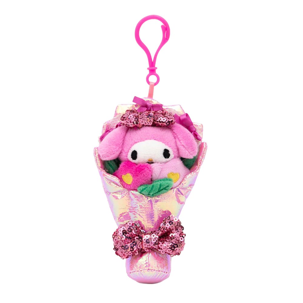 An officially licensed Sanrio My Melody plush bouquet keychain featuring a pink plush character head and flower pillows wrapped in shimmering iridescent pink fabric. The bouquet is accented with several pink satin bows and a large, sparkling pink sequined bow at the base.