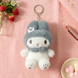 An officially licensed Sanrio My Melody fluffy white plush keychain wearing a gray hooded ears and a bow