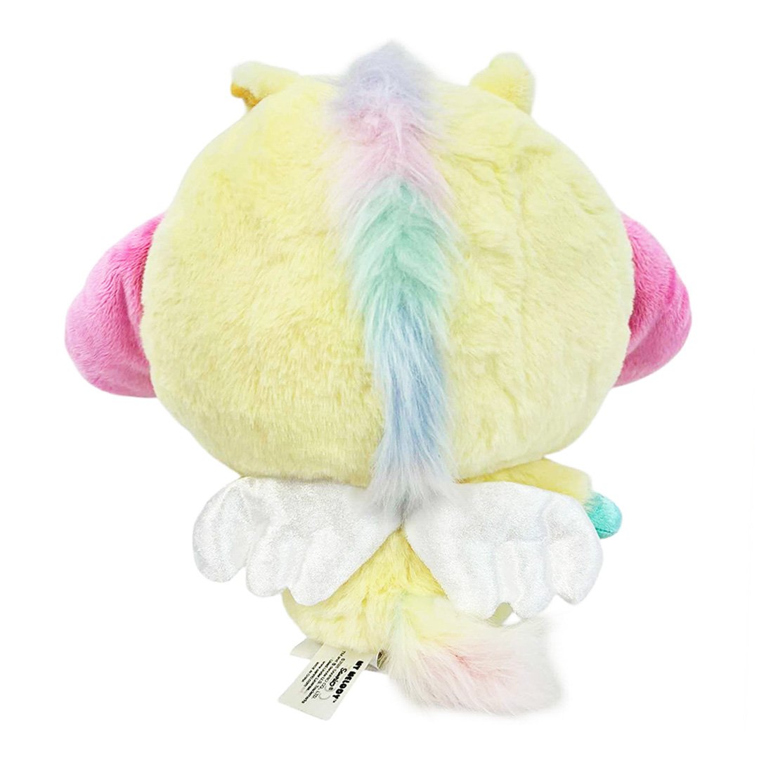 Sanrio officially licensed My Melody is transformed into a sparkling Pegasus wearing a super soft, fluffy yellow costume. Features shimmering pastel colors, glittery wings, and a gorgeous rainbow tail, making it a must-have fantasy friend. Perfect for gifting, collecting, or adding a vibrant pop of color to any room! 