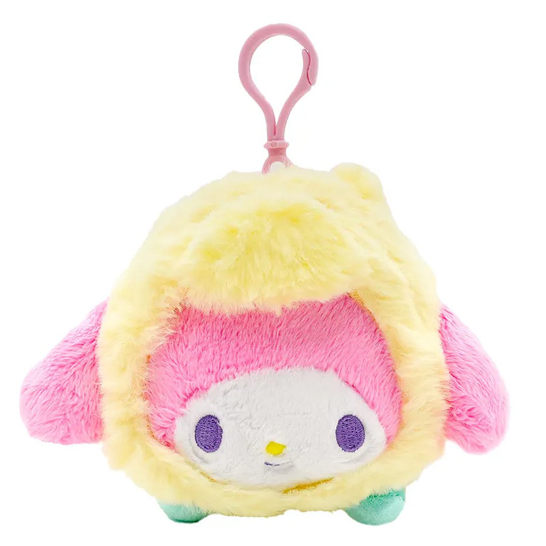 Officially licensed My Melody bag clip  plush doll wearing a Pegasus custume a super soft, fluffy yellow costume. Features shimmering pastel colors, glittery wings, and a gorgeous rainbow tail, making it a must-have fantasy friend.. Perfect size to attach to your backpack, bag, purse, car, or pants. Ideal collectible toy for fans and Sanrio enthusiasts.