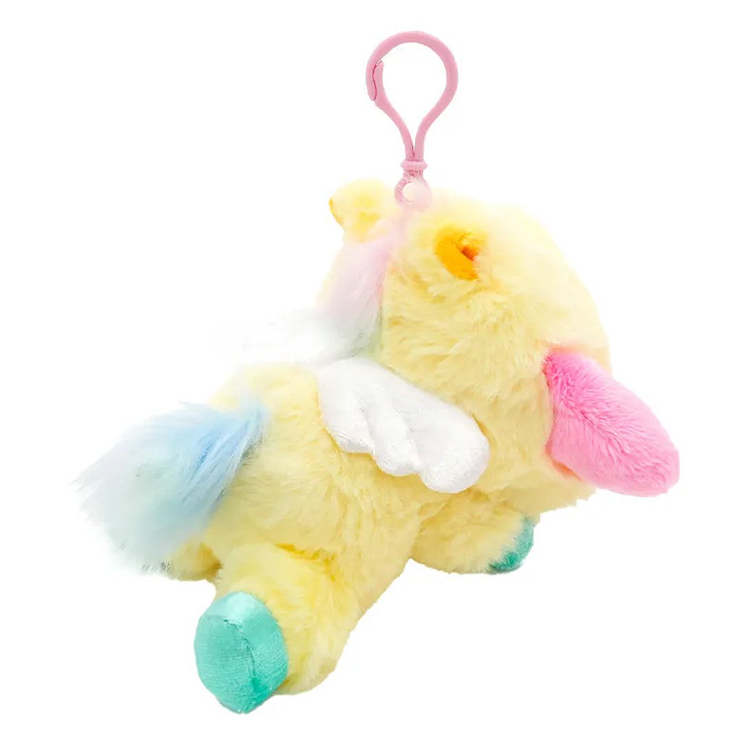 Officially licensed My Melody bag clip  plush doll wearing a Pegasus custume a super soft, fluffy yellow costume. Features shimmering pastel colors, glittery wings, and a gorgeous rainbow tail, making it a must-have fantasy friend.. Perfect size to attach to your backpack, bag, purse, car, or pants. Ideal collectible toy for fans and Sanrio enthusiasts.