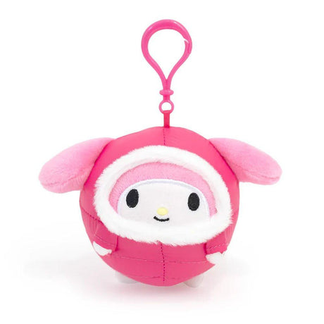 Officially licensed by Sanrio My Melody plush keychain in winter pink color puffer jacket . on a white background.  There're perfect for bagpack charm, keychain, displaying, or gifting to Sanrio fans of all ages.