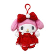 Officially licensed by My Melody Plush keychain in a red dress with white accent pompom on a white background. she’s perfect for cuddling, displaying, or gifting Christmas to Sanrio fans of all ages.