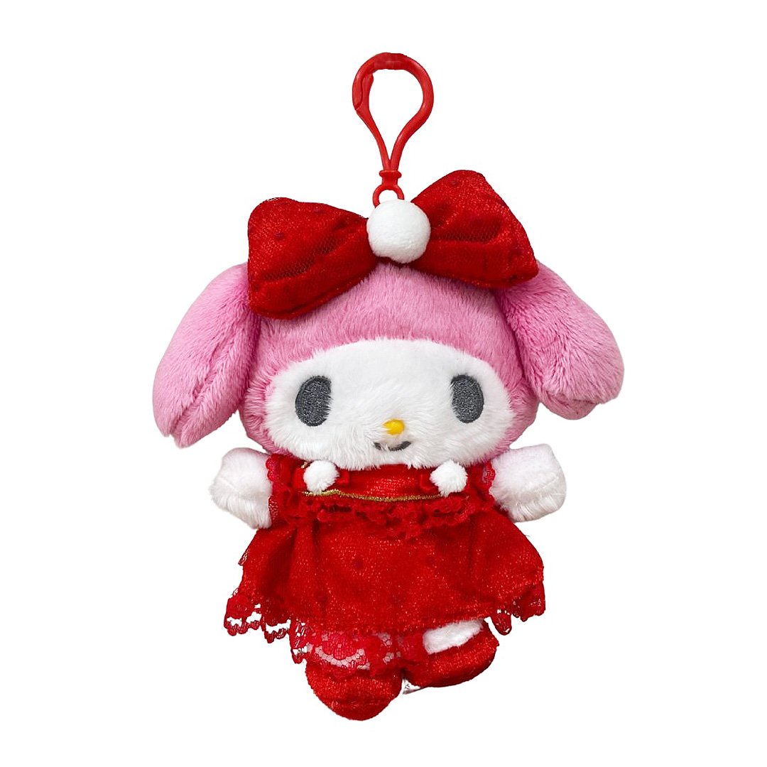 Officially licensed by My Melody Plush keychain in a red dress with white accent pompom on a white background. she’s perfect for cuddling, displaying, or gifting Christmas to Sanrio fans of all ages.
